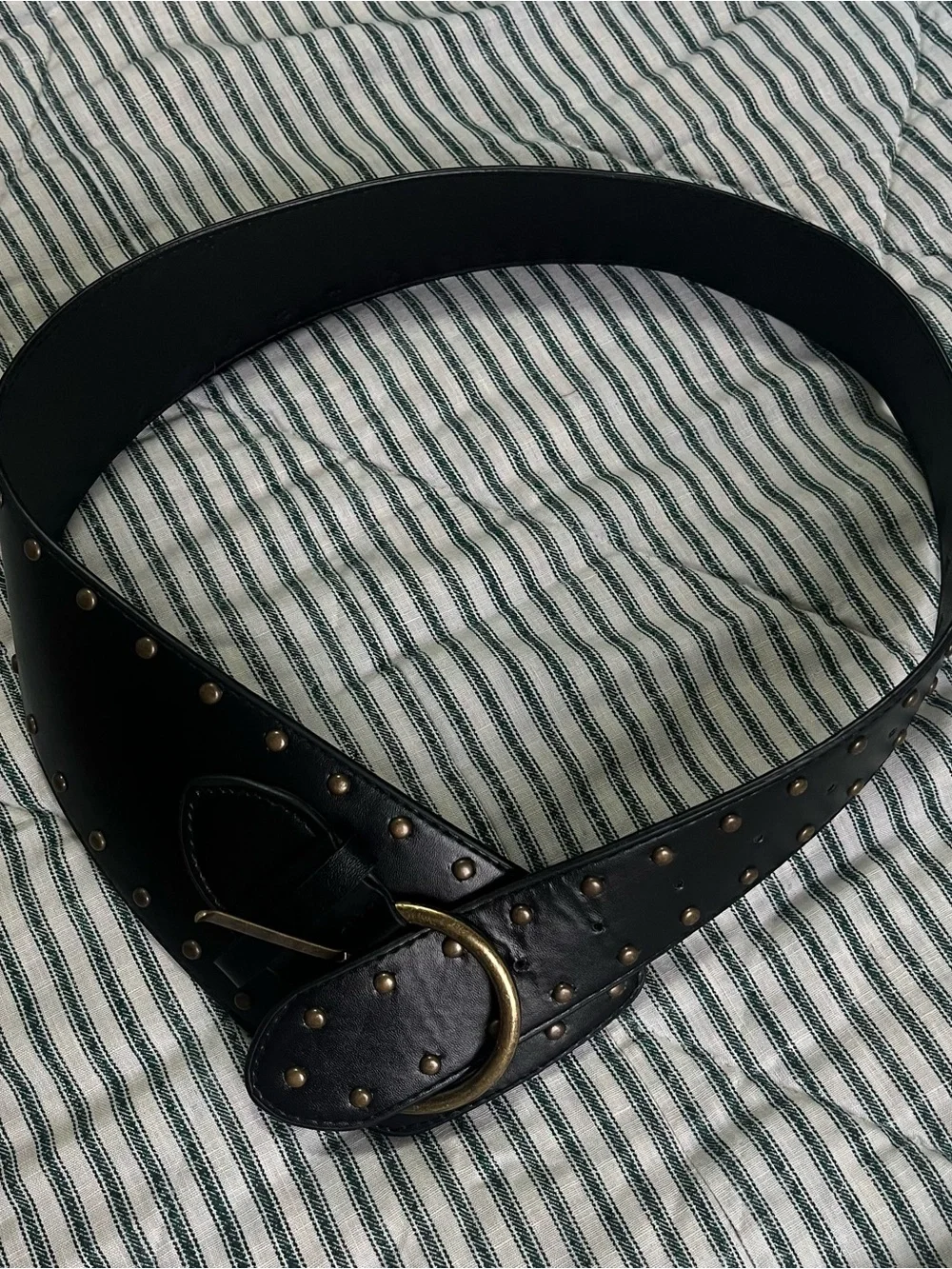 Y2K Black Studded Leather Waist Belt with Antique Gold Ring Buckle